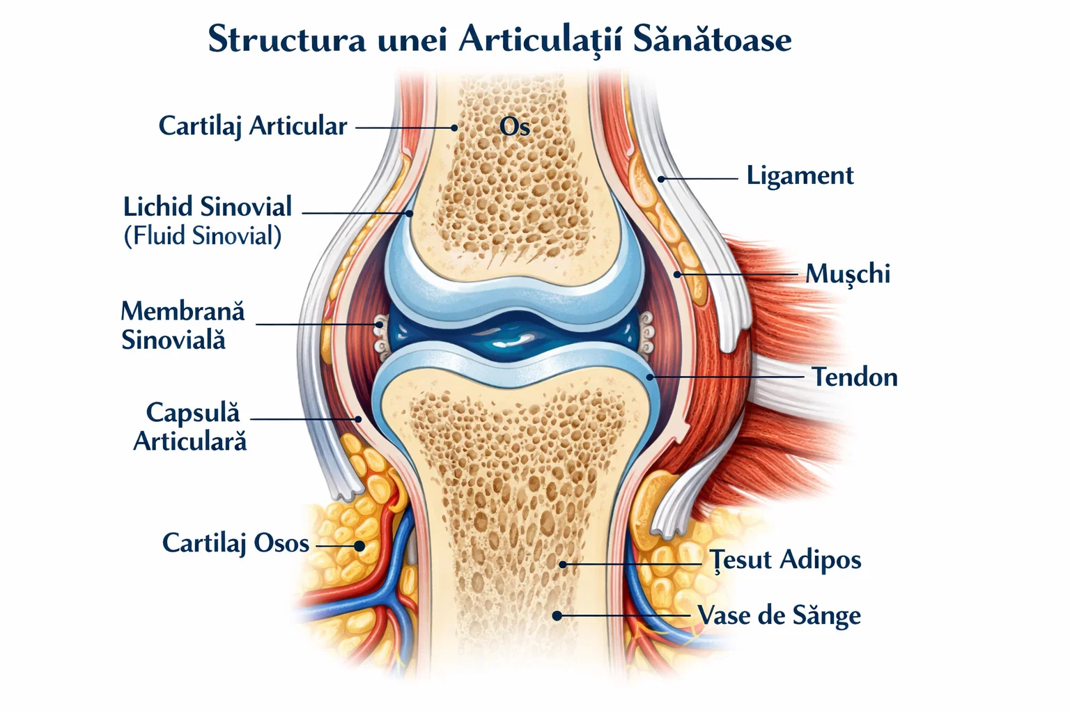 Medical illustration showing healthy joint structure with cartilage, synovial fluid, and surrounding tissues in cross-section view, educational anatomy diagram