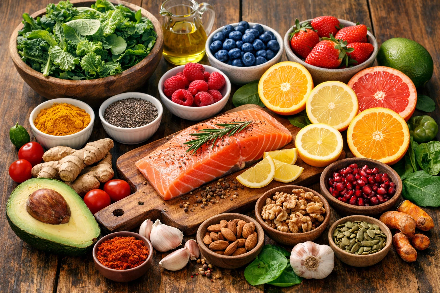 Colorful assortment of anti-inflammatory foods including salmon, berries, leafy greens, nuts, and citrus fruits arranged on a wooden table, natural lighting, healthy eating concept